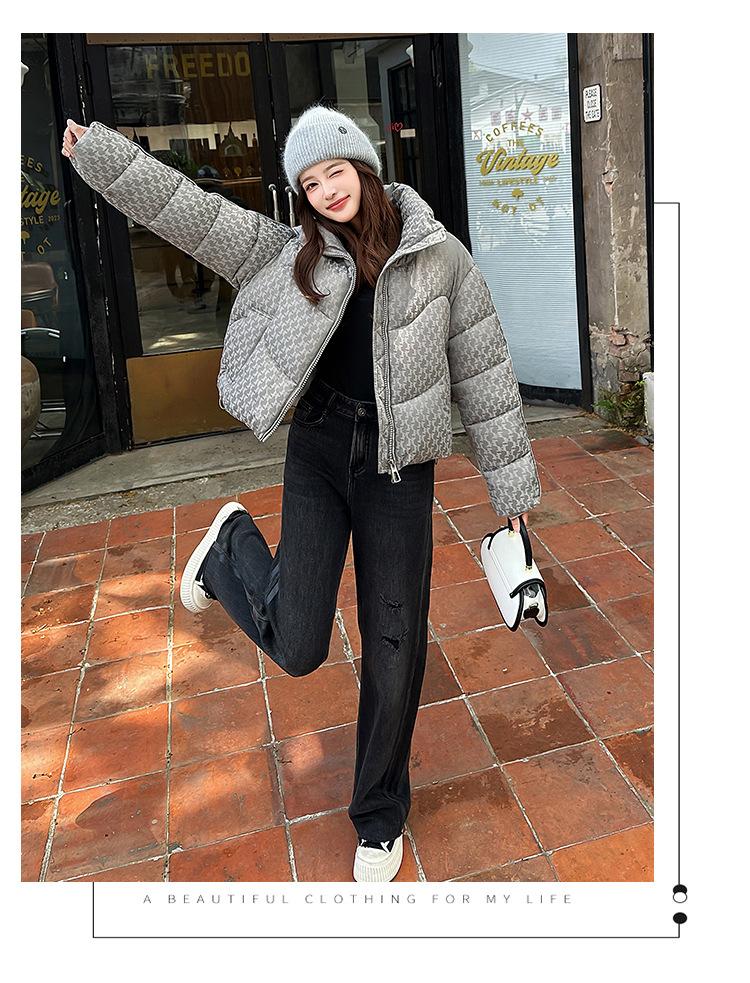 Women’s Short Stand Collar Houndstooth Windproof Thicken Warm Winter Jacket