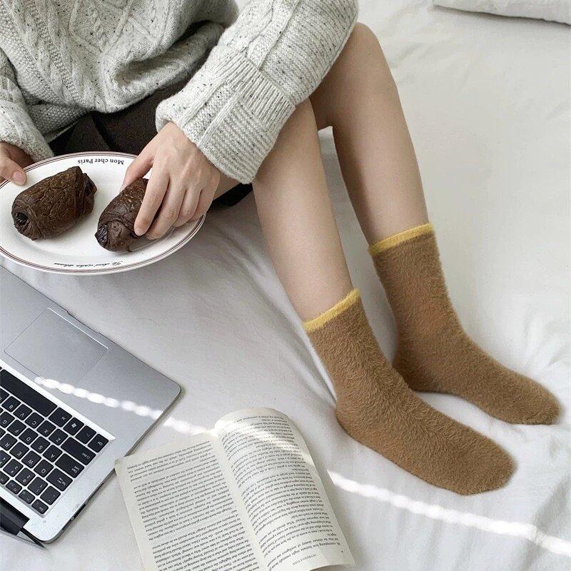 1 Pair Solid Cozy Hairy Mink Velvet Socks Women Autumn Winter Hosiery Thick Warm Sleep Bed Floor Home Fluffy Kawaii Socks