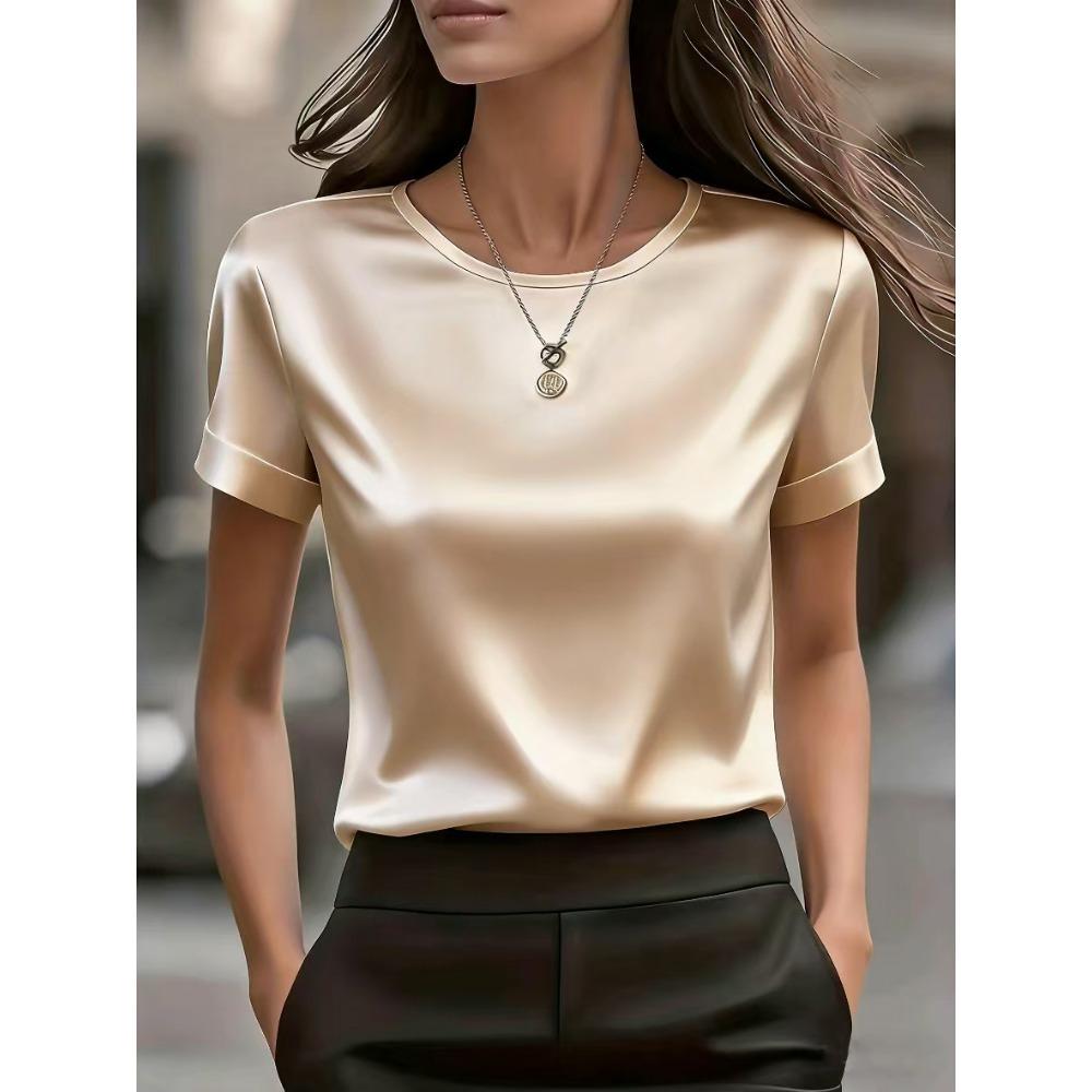 Damen Neu Kurzarm Rundhals Satin Oberteil Lässig Locker Bluse S gold