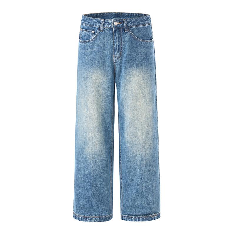 American A-line Grinding White Jeans for Men's Drape Loose High Street Simple Straight Pants