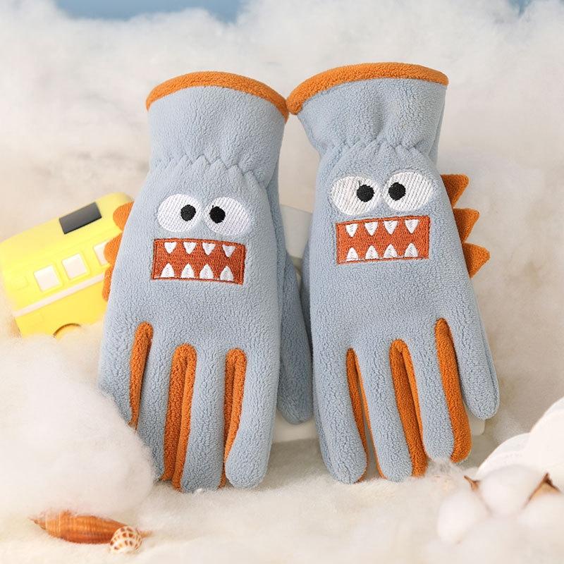 Cartoon Dinosaur Children Winter Gloves Thicken Warm Boys Girls Five Finger Gloves Kids Plush Outdoor Riding Ski Gloves