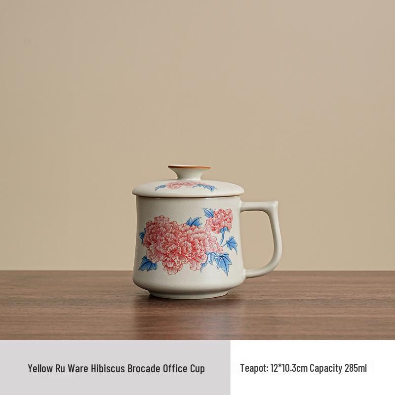 Ru Kiln Hibiscus Flower Mug with Lid and Crackle Glaze Ceramic Tea Infuser
