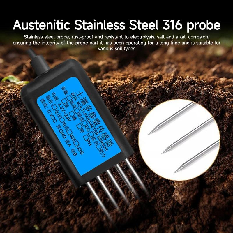 7 In 1 Soil Sensor Moisture Temperature Humidity EC pH NPK 4-20mA 0-5V RS485 Modbus High Precision Agriculture Soil Tester