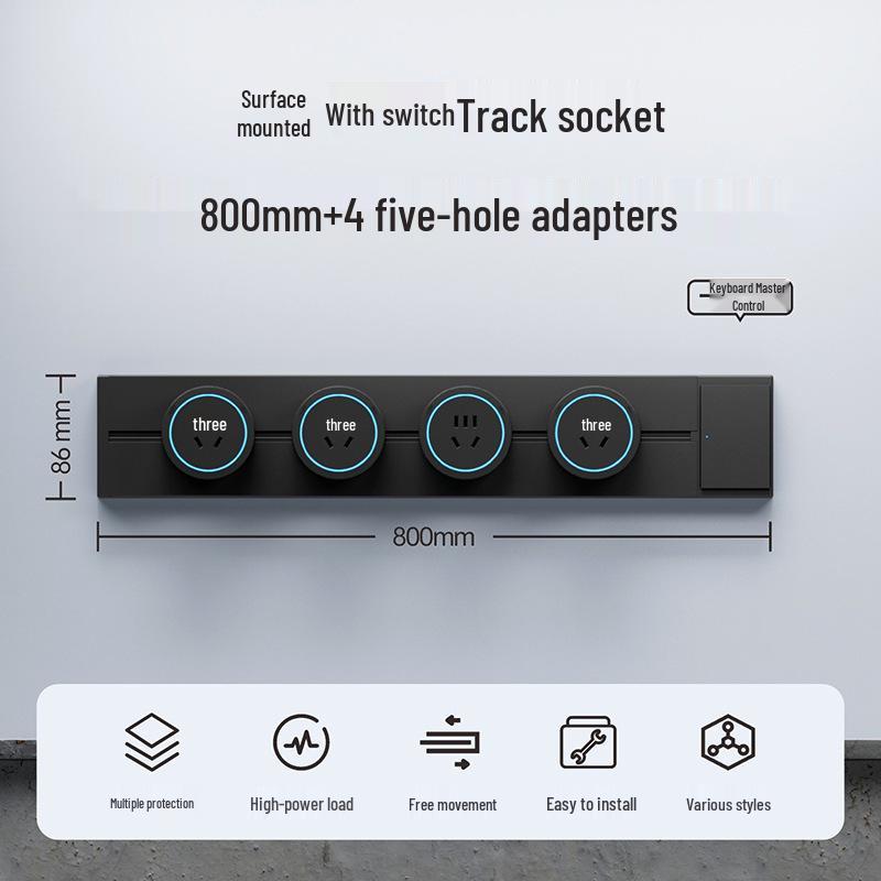 Surface-Mounted Anti-Shock Adjustable Power Strip with Switch Track for Kitchens