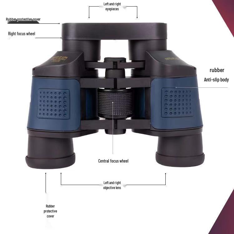60x60 HD Red Film Binoculars: High Magnification, Portable, with Coordinates and Low-Light Night Vision for Outdoor Use.