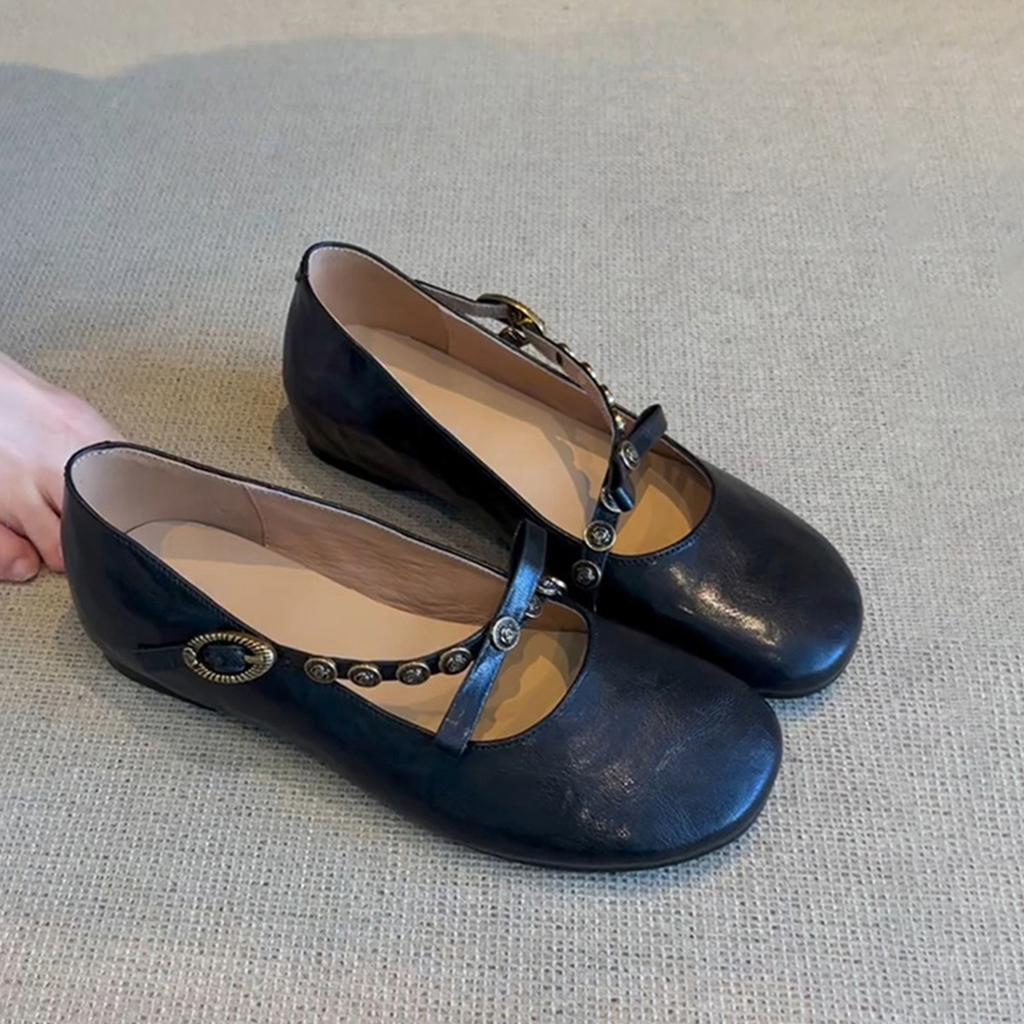 Sheepskin Version~ Genuine Leather Flat-bottomed Retro Word with Mary Jane Shoes Children's New Round Head Shallow Mouth Single Shoes Small Leather