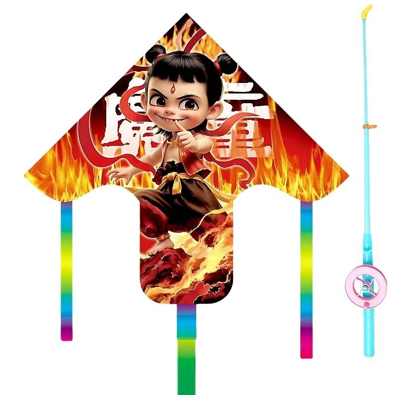 1 Set Cartoon Nezha Foldable Mini Plastic Kites Hand Brake Fishing Rod Children Kite Toy Kids Fun Outdoor Toys