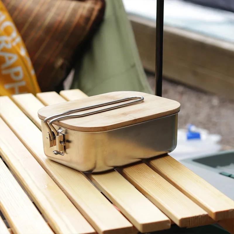 304 Stainless Steel Lunch Box Portable Lunch Box Outdoor Camping Cooking Wooden Cutting Board Wild Box Tableware Grain Container