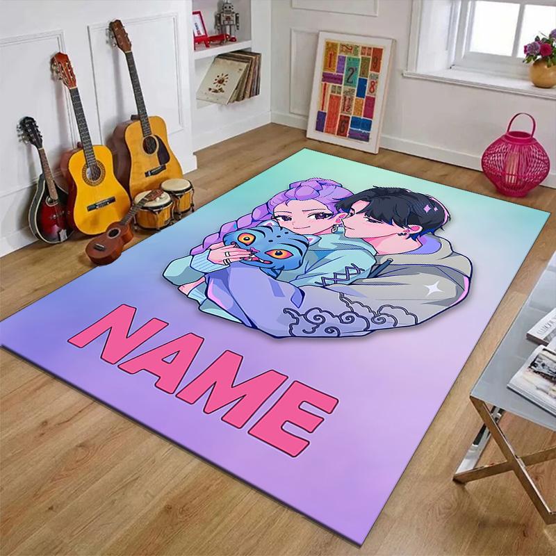 Benutzerdefinierte KPop Dämonenjäger Matte Personalisierter Name, Waschbarer Polyester-Eingangsteppich für den Innenbereich, Geschenk für Weihnachten, Ostern, Thanksgiving Day