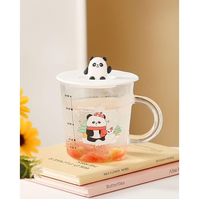 Cute Panda High Borosilicate Glass Cup High Appearance Level Covered Office Drinking Cup  Graduated Milk Cup  Coffee Cup