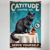 Vintage Catitude Coffee Co. Metal Tin Sign - Dark Gray Cat Lifting Coffee Cup with Wrinkled White Cloth, Light Blue Diamond Back