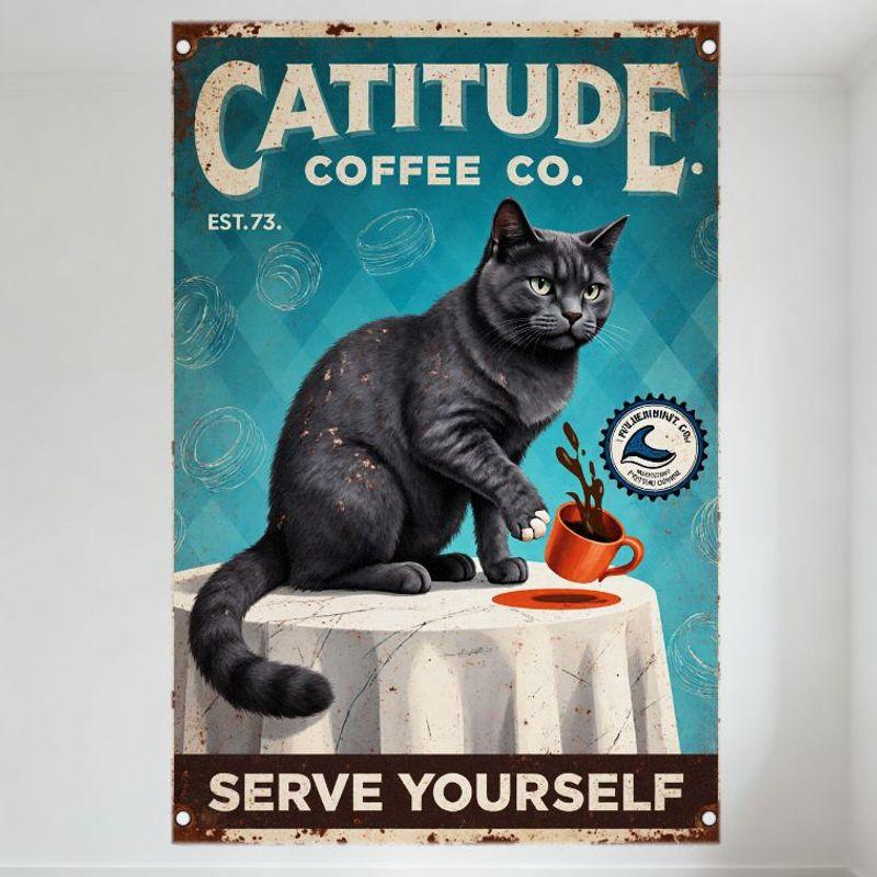 

Vintage Catitude Coffee Co. Metal Tin Sign - Dark Gray Cat Lifting Coffee Cup with Wrinkled White Cloth, Light Blue Diamond Back 20x30cm（7.8x11.8inch）
