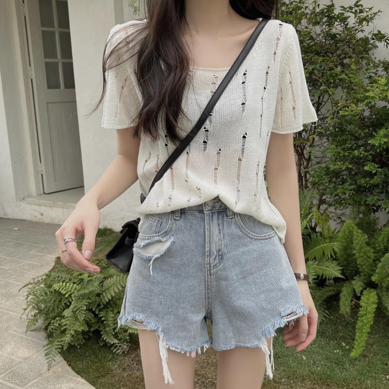 Summer New Hollow T-shirt Knitted Foreign Style Short Thin Short-sleeved T-shirt Women's Trend