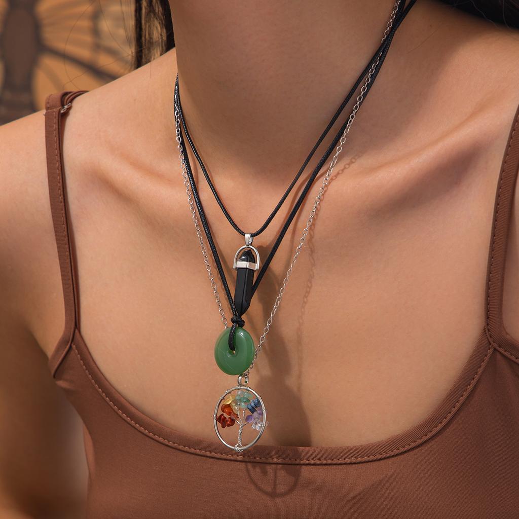 Personalized Safety Buckle Leather Wax Thread Necklace, Retro Stacked Colored Crystal Tree Pendant Necklace