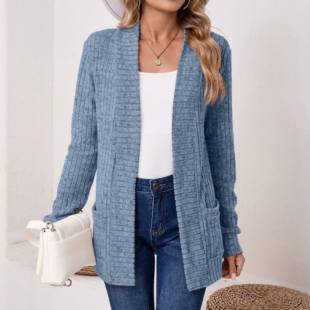 Women Ladies Solid Color Long Sleeve Length Cardigan Sweater Coat Top