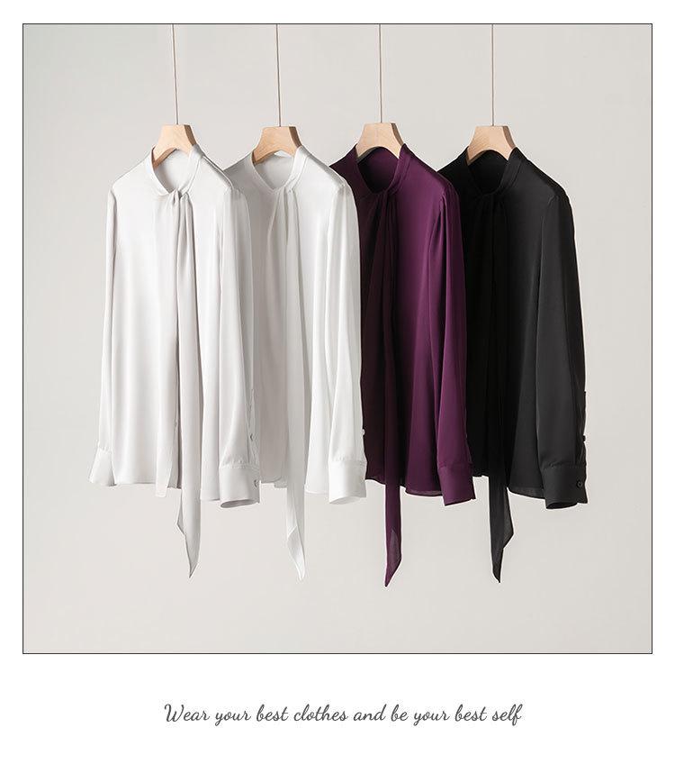 2025 Spring Women's Long Sleeve Mulberry Silk Shirt with Ribbon - Commuter Style, Slim Fit, Solid Color