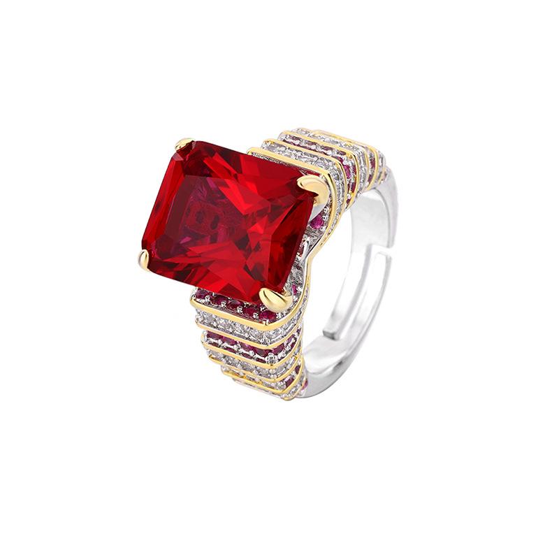 New Ring Jewelry Copper Bottom Gold Plated Live Broadcast Square Blue Red Color Treasure Zircon Cross Border Women's Style