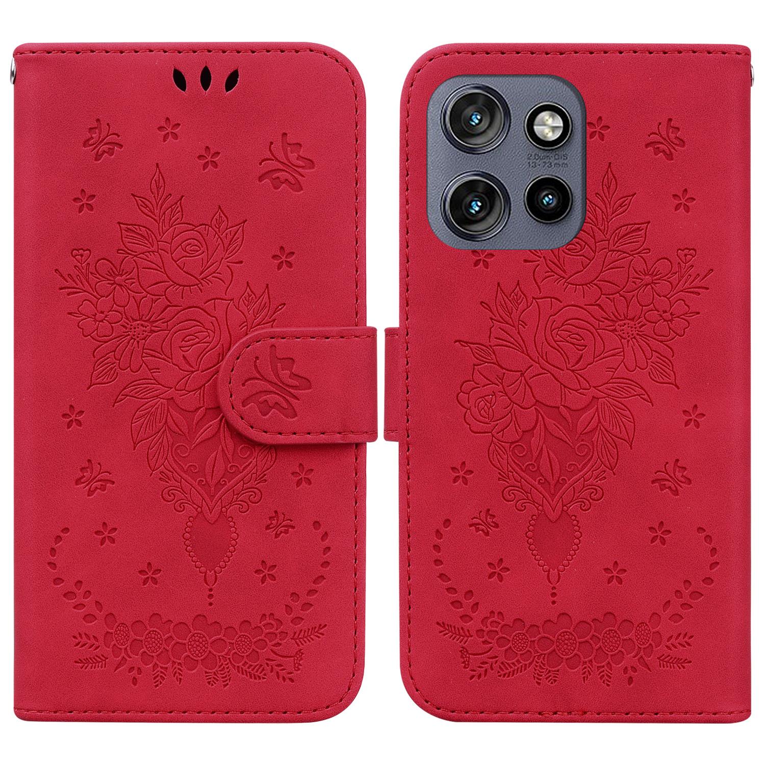

For Motorola Edge 50 Neo 5G/Moto S50 5G/Thinkphone 25 5G Case PU Leather Wallet Phone Cover Butterfly Flower Imprint Red