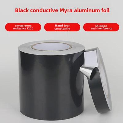 0,07 Zoll dickes, schwarzes, leitfähiges, selbstklebendes Aluminiumfolienband, von Hand abreißbar, bietet kontinuierliche EMI-Abschirmung.
