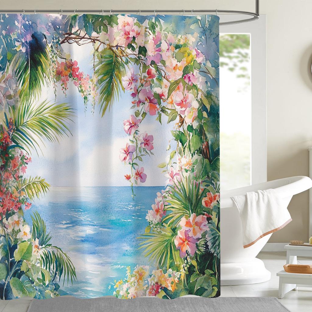 1pc Spring Fantasy Ocean Shower Curtain - Bright Flowers and Tropical Scenes, Polyester, Bathroom Decor, Floral Shower Curtain
