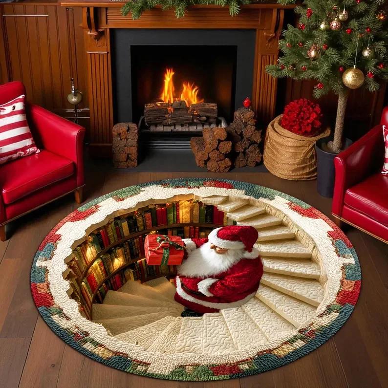 3D Optical Illusion Round Rug Christmas Gnome Vortex Hole Print Soft Non Slip Washable Carpet for Living Room Decor