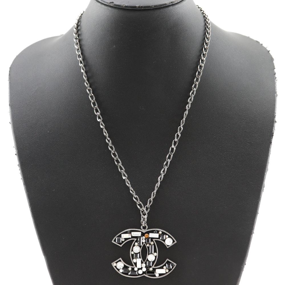 Chanel COCO Mark Necklace Silver / Black metallic/Rhinestone 34.1g Women Used