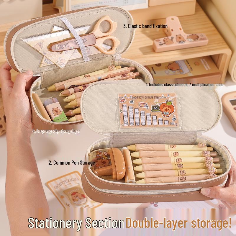Capybara Kids' Large Capacity Pencil Case - Cute Double Layer for Boys & Girls in Primary School