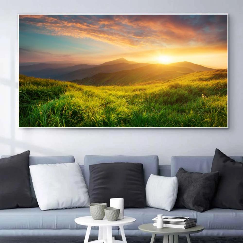Peisaj Verde Munte Pânză Pictură Peisaj natural Pădure Sunshine Postere Print Wall Art Picture Living Room Decor