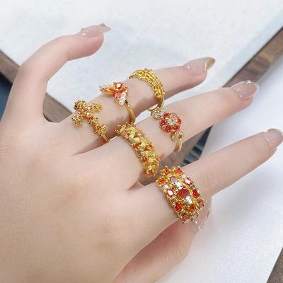 Medieval Court Style Retro Orange Red Full Diamond Zircon Ring Women'S Light Luxury Advanced Sense Index Finger Ring