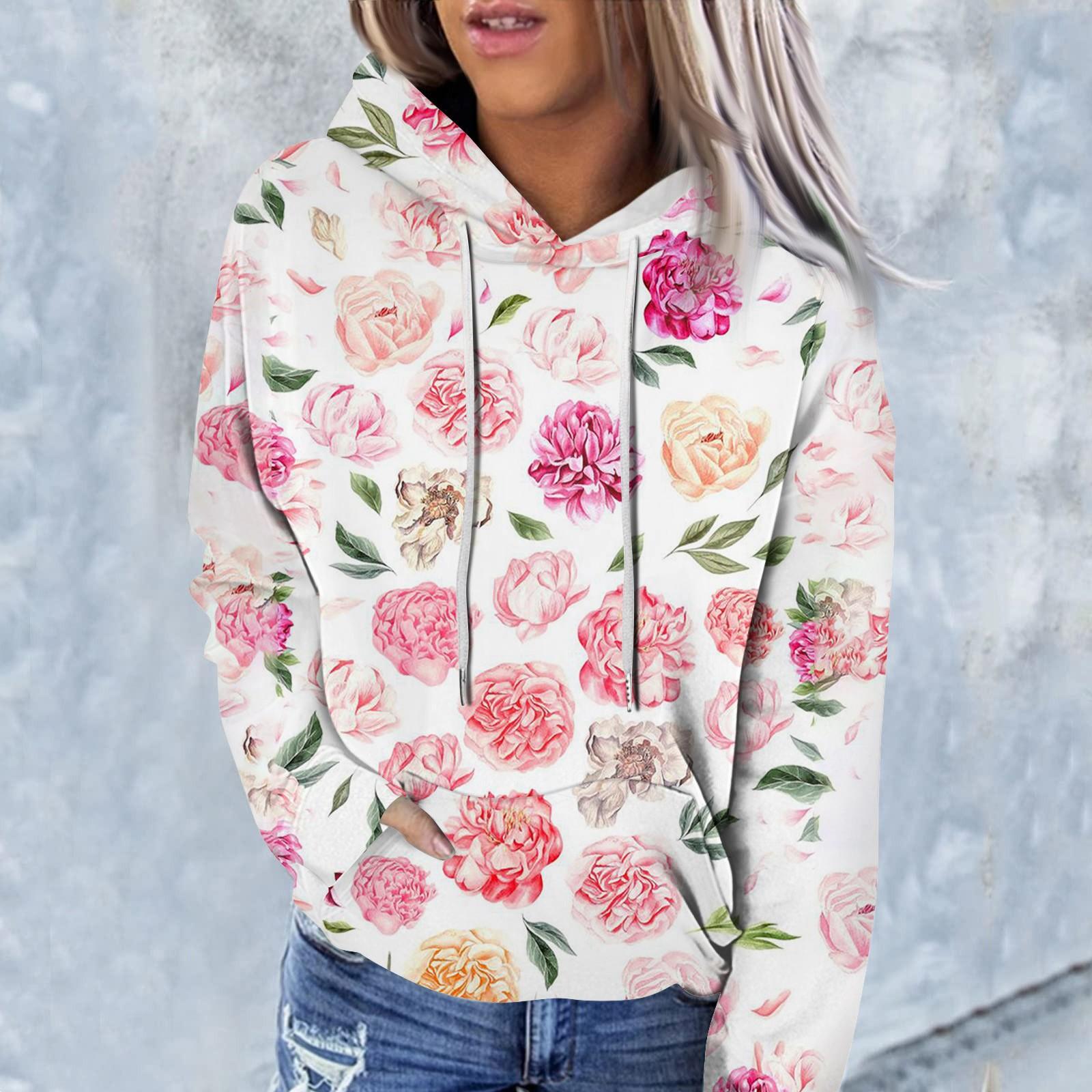 

Женская модная повседневная толстовка с капюшоном и цветочным принтом с длинным рукавом M розовый