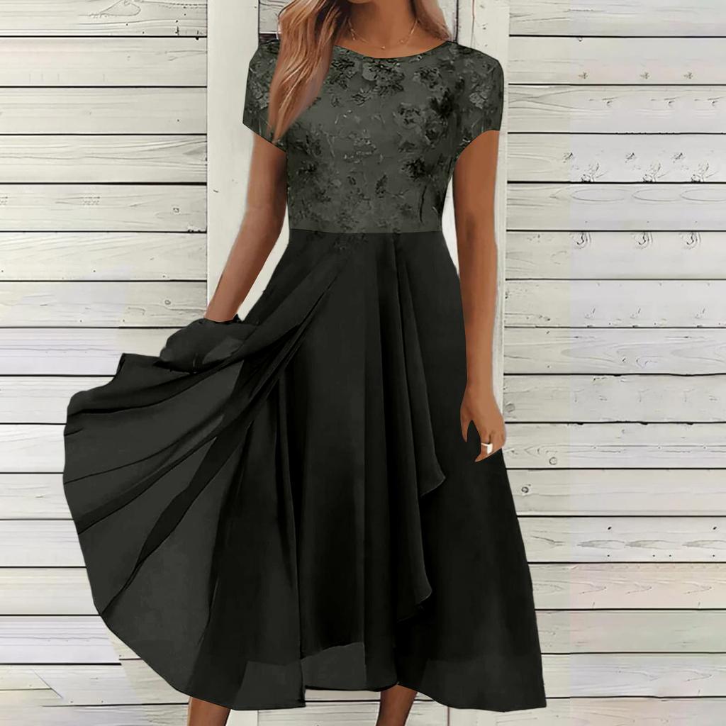 Women Chiffon Lace Patchwork Short Sleeve Maxi Dress Elegant Bridesmaid Evening Gown Flowy A Line Long Skirt for Formal Events