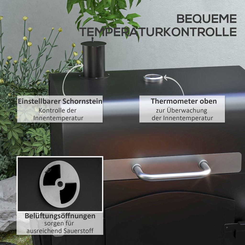 3-in-1 Charcoal BBQ, with Shelves - Black