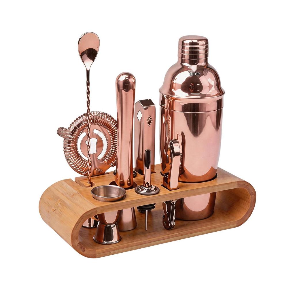 Bartender Barware Set: Wooden Cocktail Tools with Bamboo Storage Base and Stainless Steel Shaker