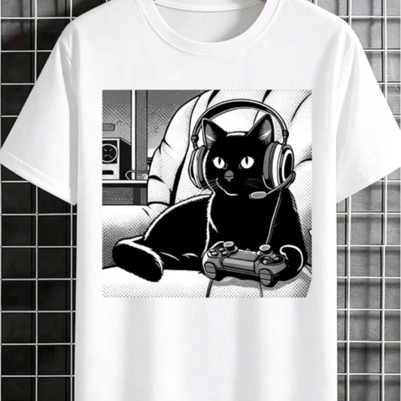 [Black Cat T-Shirt] Relaxed Fit Black Casual Cat Graphic T-Shirt | Short Sleeve Crew Neck, Summer Style, Polyester Blend