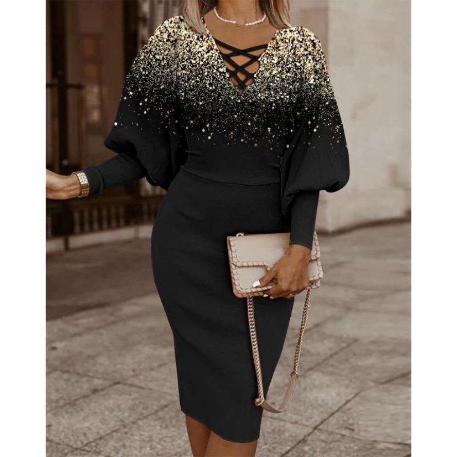 YYFS Women's Fashion Spring Fall Rhombus Print Long Sleeve V-Neck High Waist Casual Dresses