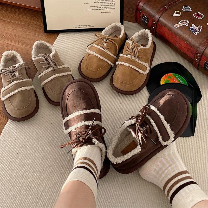 Thick Soled Hairy Shoes for Women's Outdoor Wear New Autumn and Winter with Thick Velvet Warm and Anti Slip Retro Cotton
