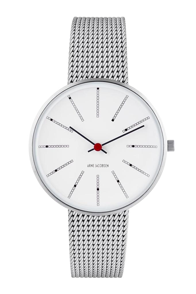 ARNE JACOBSEN BANKERS 53101-1608 Watch, 34mm, Scandinavian Design, Water Resistant (Quiet Design with No Second Hand), White with Silver Mesh Strap