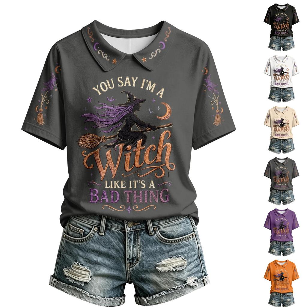 Women's Casual Stylish Halloween Print V-Neck T-Shirt for Fall Holiday Party Outfit
