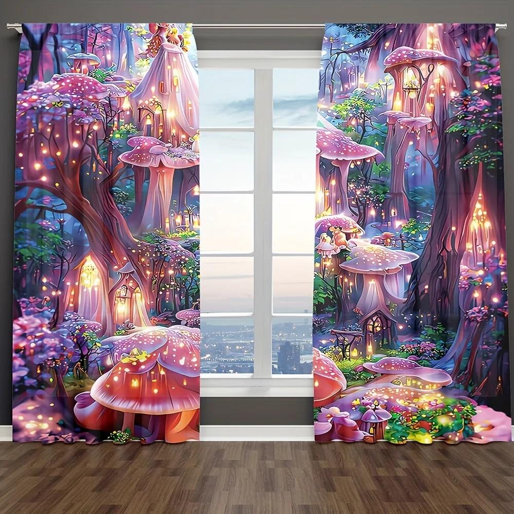 2pcs Dreamy Mushroom Floral Curtains   Polyester   Home Decor   Rod Pocket   Window Treatment for Living Room   Kids Room