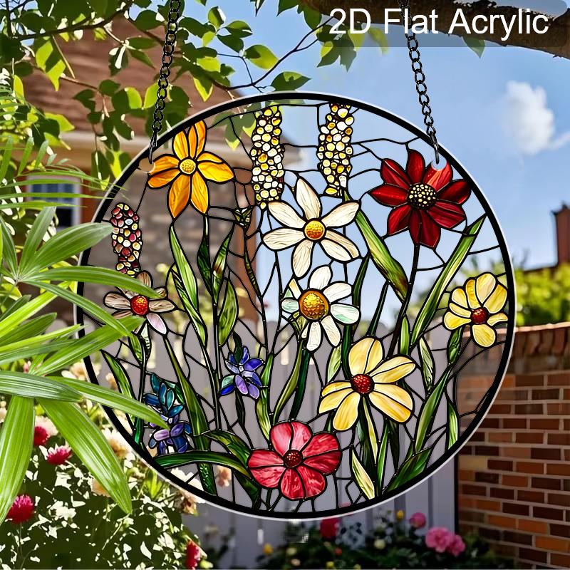 Acrylic Mixed Wildflower Meadow Suncatcher Stained Glass Effect Window Hanging Ornament Floral Themed Gift for Home
