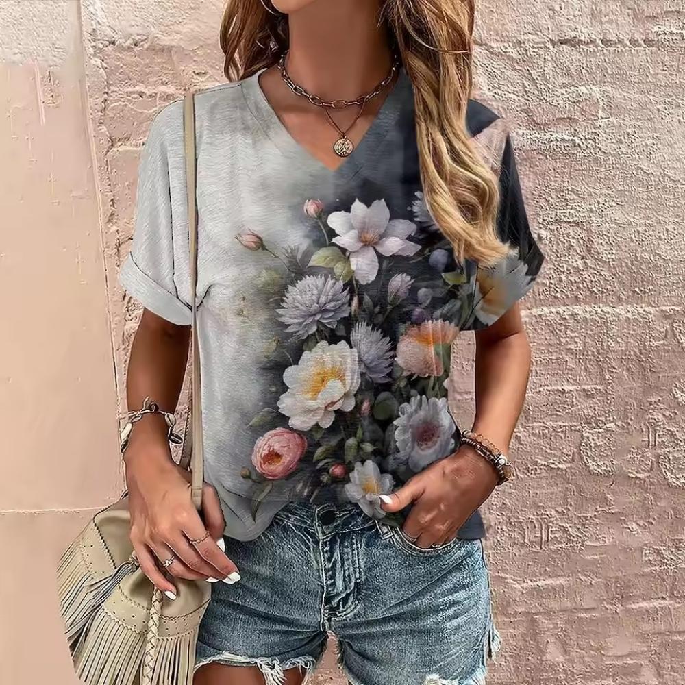 Women's Summer V-neck T-shirt Flower Printed Casual Tops Cubic Sleeve T Shirt Fashion Street Pullover OverSize Women's Clothing