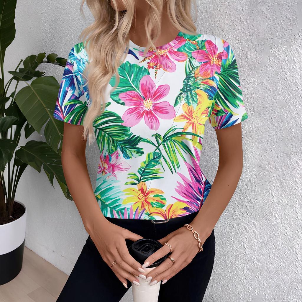 Women's Short Sleeve Tops Pleated  Neck Loose Fit T-Shirt