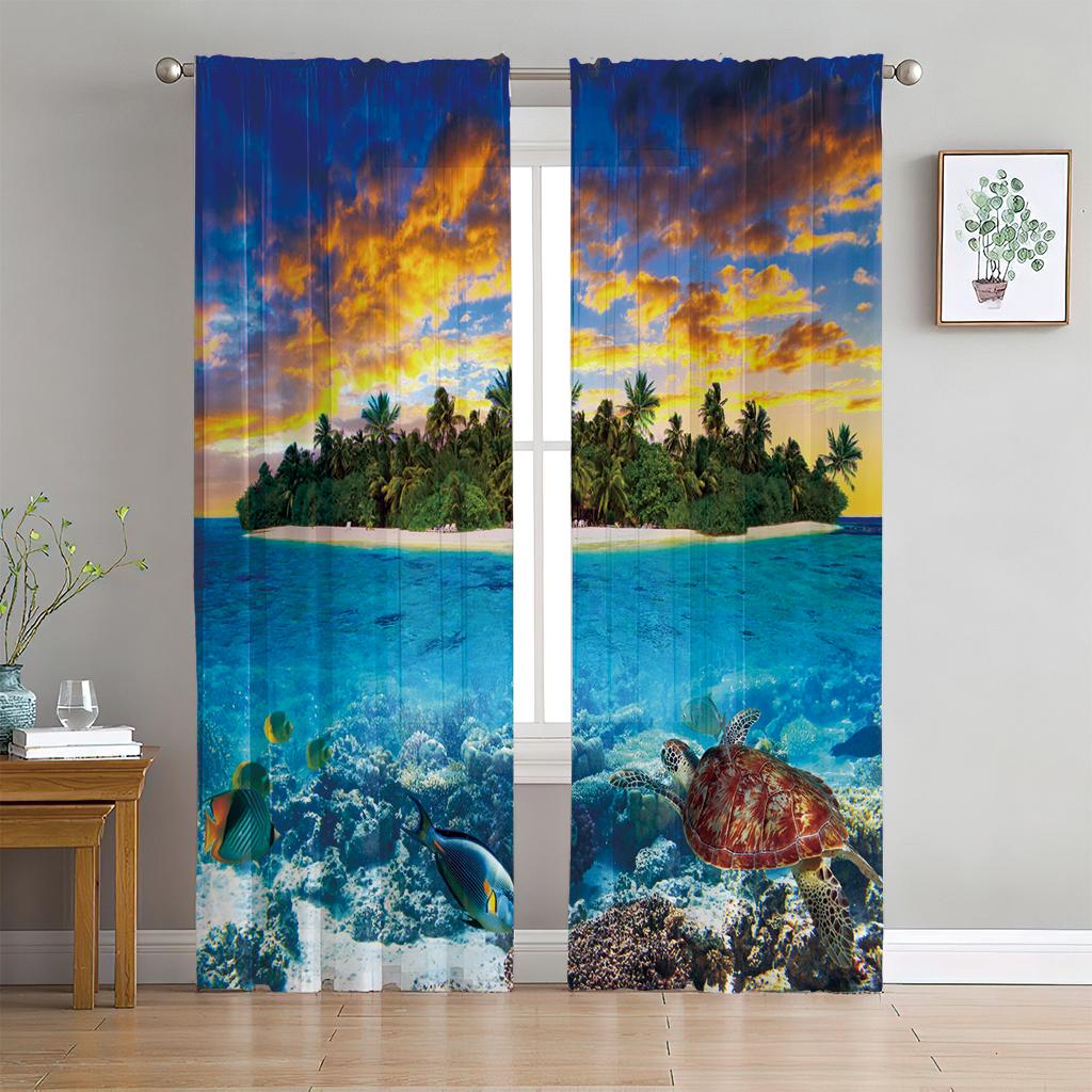2 Panel Blue Sea Curtain Sea Creature Dolphin Turtle Curtain for Bedroom Living Room Kitchen Window Tulle Sheer VoileCurtains