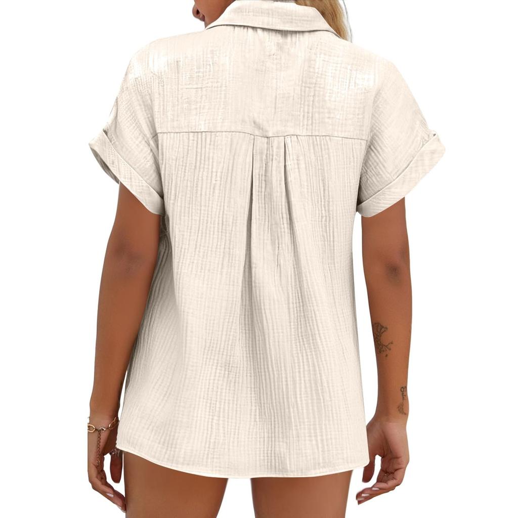 Womens Button Down Shirts Short Sleeve Casual Collared Shirt Loose Blouses Color Tops With Pocket