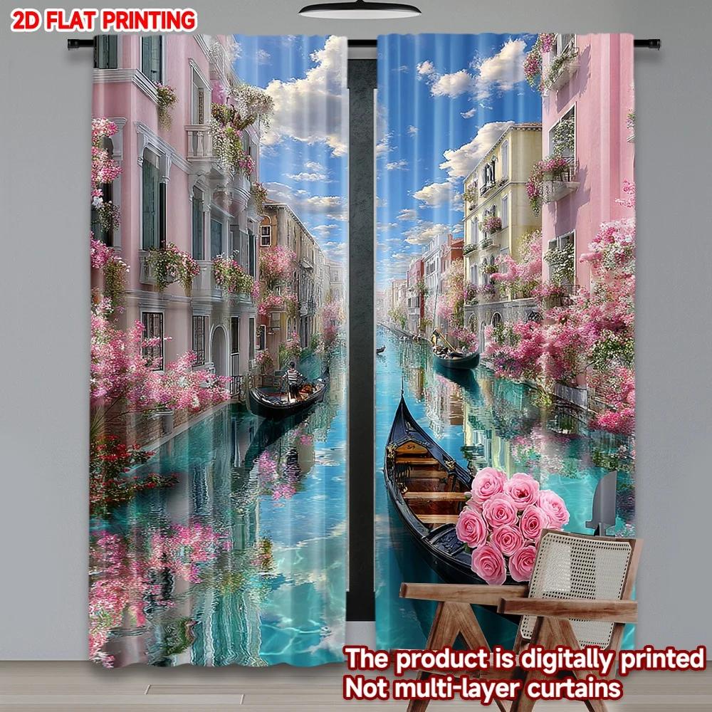 Set Of 2 Venice Canal Curtains Digital Printing Pastel Buildings Gondolas Pink Flowers Blue Sky Living Room Decor Curtain Polyester Perfect For