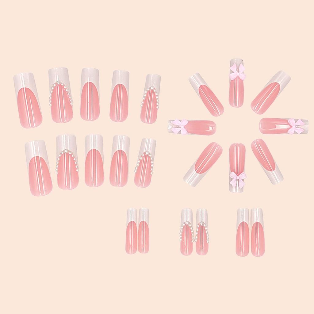 French White Pearl Bow Manicure Removable False Nails