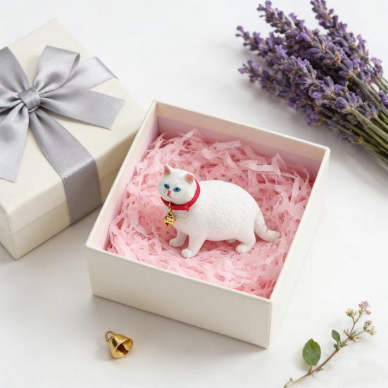 White Fat Cat Figurine Lifelike Red Bell Collar Kitten Collectible Model Miniature Animal Educational Toy Decoration Cats Lover Gift