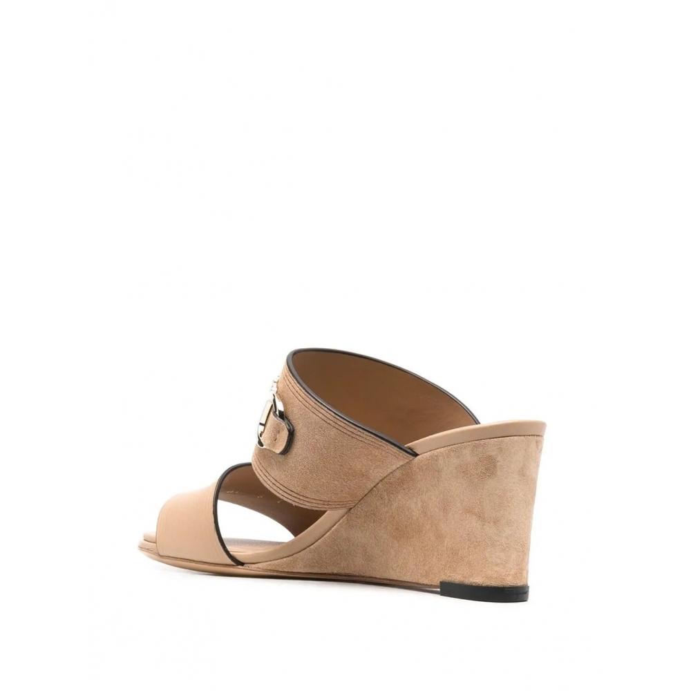 Salvatore Ferragamo Suede Wedge Mules Beige  Khaki Chaim 75mm