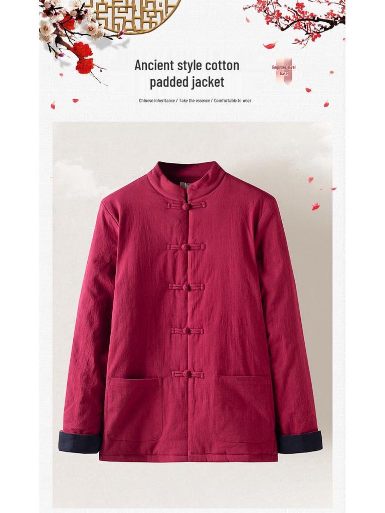 Unisex Chinese Style Quilted Tang Jacket - Winter Cotton-Padded with Stand Collar, Turned-Up Sleeves, and Frog Buttons