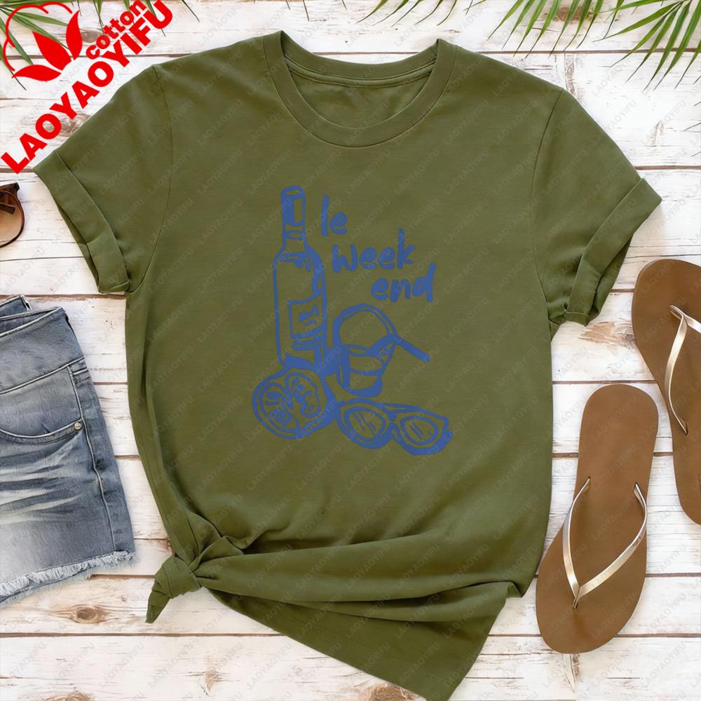 

Le Weekend Bottle and Sunglasses Print Women TShirt Casual Summer Short Sleeve Cotton Fashion Top for Beach Vacation Tops 4XL